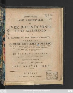 Dissertatio Ivris Controversi De Ivre Dotis Dominio Recte Accensendo
