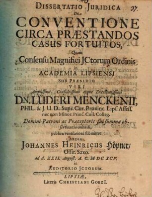 Diss. iur. de conventione circa praestandos casus fortuitos