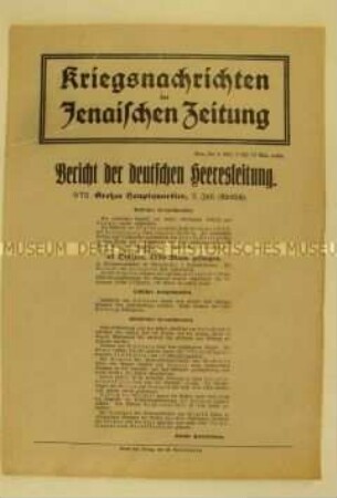 Nachrichtenblatt der "Jenaischen Zeitung" zur Erstürmung französischer Stellungen bei Fourde Paris durch deutsche Truppen