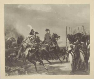 Kaiser Napoleon I. Bonaparte zu Pferd mit Offiziersgefolge mustert eine franz. Infanterieformation mit präsentiertem Gewehr vor Schlacht bei Jena 14.06.1806