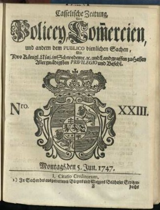 Nro. XXIII, Montags, den 5. Jun. 1747