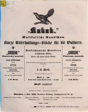 Kukuk : musikalische Rundschau ; kurze Unterhaltungs-Stücke für die Guitarre ; volksthümliche Melodien verschiedener Länder, Opern- und andere beliebte Motive ; leicht spielbar eingerichtet und mit Fingerbezeichnung versehen, 8