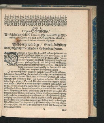 Num. I. Copia-Schreibens ...
