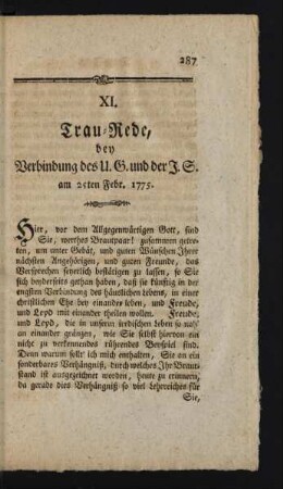 XI. Trau-Rede bey Verbindung des U.G. und der J. S. am 25ten Febr. 1775