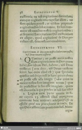 Exercitatio VI. Cogitationem de Deo mens nostra habere non posset, nisi Deus revera existeret