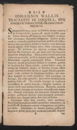 Johannis Wallis Tractatus De Loquela Sonorum Formatione, Grammatico-Physicus.