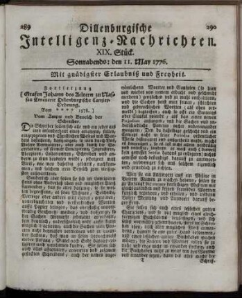 XIX. Stück: Sonnabends: den 11. May 1776.