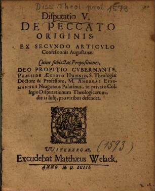 Disputatio V. De Peccato Originis, Ex Secvndo Articvlo Confessionis Augustanae