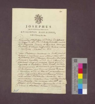 Ernennung des Domherrn Franz Sigmund Blarer von Wartensee zum Kanoniker und Archidiakon des Stifts Basel durch Bischof Franz Josef Sigmund von Roggenbach.