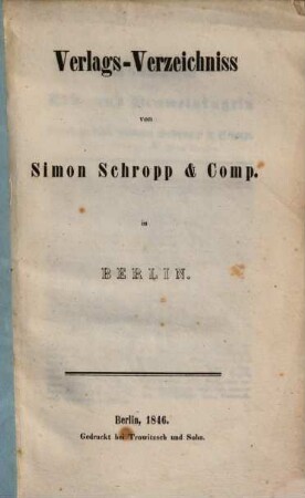 Verlags-Verzeichnis von Simon Schropp & Comp. in Berlin