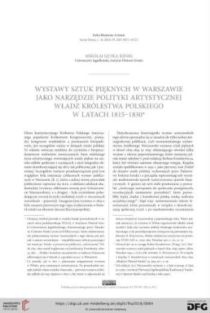 Wystawy sztuk pięknych w Warszawie jako narzędzie polityki artystycznej władz Królestwa Polskiego w latach 1815 – 1830
