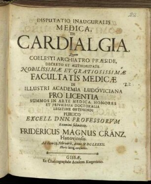 Disputatio Inauguralis Medica, De Cardialgia