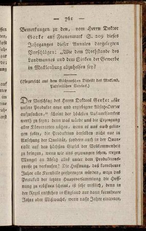 Bemerkungen zu den, vom Herrn Doktor Gerke auf Frauenmark S. 209 dieses Jahrganges dieser Annalen dargelegten Vorschlägen:"Wie dem Nothstande des Landmannes und dem Sinken der Gewerbe in Mecklenburg abzuhelfen sey?