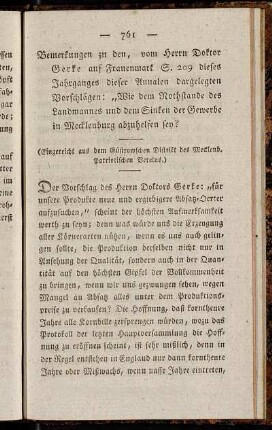 Bemerkungen zu den, vom Herrn Doktor Gerke auf Frauenmark S. 209 dieses Jahrganges dieser Annalen dargelegten Vorschlägen:"Wie dem Nothstande des Landmannes und dem Sinken der Gewerbe in Mecklenburg abzuhelfen sey?