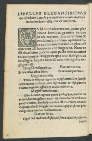 Libellus Elegantissimus qui inscribitur Cato, de praeceptis vitae communis, Erasmo Roterodamo castigatore et interprete.