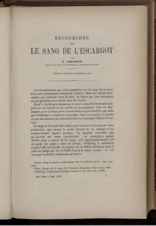 Recerches Sur Le Sang De L'Escargot