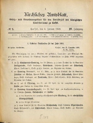 Kirchliches Amtsblatt, Gesetz- und Verordnungsblatt für den Amtsbezirk des Königlichen Konsistoriums zu Cassel. 4. 1889