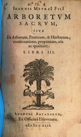 Ioannis Mevrsii Filii Arboretvm Sacrvm, Sive De Arborum, Fructicum, & Herbarum, consecratione, proprietate, usu ac qualitate : Libri III