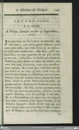 Lettre CCCLV. A la même. A Vichy, Samedi au soir 4. Septembre, 1677