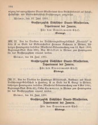 70. Ministerial-Bekanntmachung, betreffend Wechsel in der Hauptagentur der Hamburger Militärdienst-, Austeuer- und Alters-Versicherungs-Gesellschaft in Hamburg