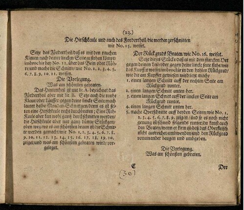 Die Hirschkeule und auch das Fordertheil/ die werden zerschnitten wie No. 15. weiset / Die Vorlegung / Der Rückgrads Braten/ wie No. 16. weiset / Die Vorlegung / Der Nierenbraten/ wie No. 17. weiset wird folgender Gestalt zerschnitten / Die Vorlegung