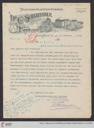 Brief von Carl Schleussner von Dr. C. Schleussner AG (Frankfurt, Main) an Max Wolf