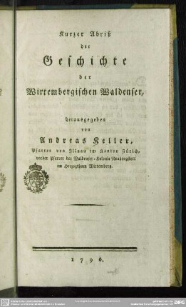 Kurzer Abriß der Geschichte der Wirtembergischen Waldenser