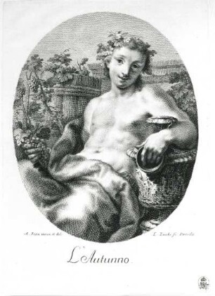 L'Autunno : Zucchi, Lorenzo (1704-1779) nach Kern, Anton (1710-1747). L'Autunno. Kupferstich; 28,8 x 20,3 cm. Dresden: Kupferstich-Kabinett A 23365 in A 412,3