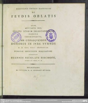 Dissertatio Iuridica Inauguralis De Feudis Oblatis