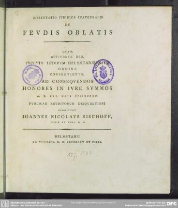 Dissertatio Iuridica Inauguralis De Feudis Oblatis