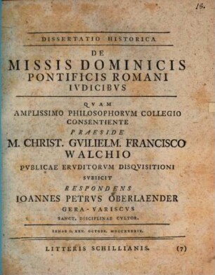 Dissertatio Historica De Missis Dominicis Pontificis Romani Ivdicibvs
