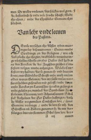 Van lehr unde leeven des Pastors.