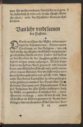 Van lehr unde leeven des Pastors.