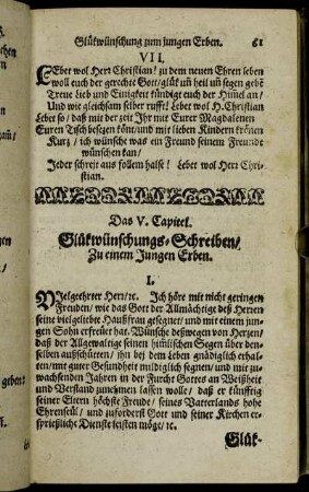 Das V. Capitel. Glückwünschungs-Schreiben/ Zu einem Jungen Erben.
