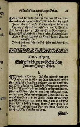 Das V. Capitel. Glückwünschungs-Schreiben/ Zu einem Jungen Erben.
