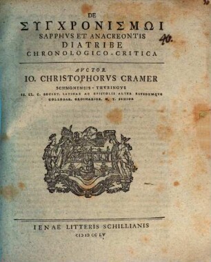 De Synchronismōi Sapphus Et Anacreontis Diatribe Chronologico-Critica