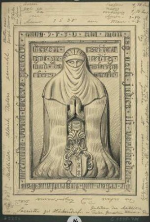 Der Grabstein mit Bildnis, Wappen und Umschrift der Mechtilda von Theler, geb. von Spiegel, gest. 1530, in der Sakristei der Kirche von Höckendorf bei Dippoldiswalde