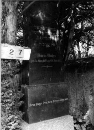 Grabstein 27 (Index: 100086652) Material: Granit Zustand: gut Maße HxBxT: 200x54x28 cm Beschreibung: Stele, getreppter Sockel, Segmentbogenabschluß: Grabstein 27