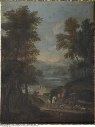 Weite Landschaft mit Flusslauf und zurückkehrender Jagdgesellschaft
