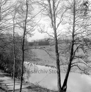 Trave: vorne Travewanderweg, dahinter der Flußlauf durch den Bürgerpark auf Höhe des Hallenbades, im Hintergrund die Travebrücke: Blick vom Café der Schwimmhalle