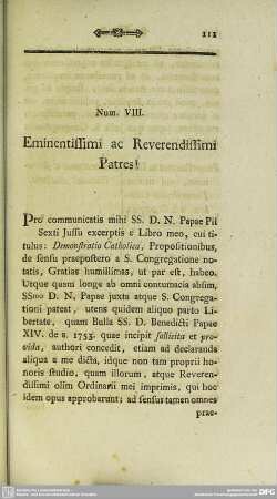Num VIII. Eminentissimi ac Reverendissimi Patres!