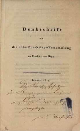 Denkschrift an die hohe Bundestags-Versammlung zu Frankfurt am Mayn : Januar 1817