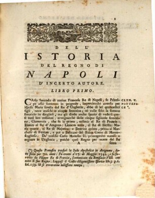 Dell'istoria del Regno di Napoli d'incerto autore libri otto