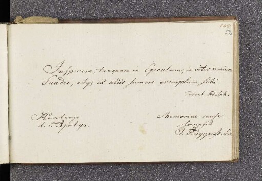 J. Fluegge. – Incipit: Inspicere, tanquam in speculum, in vitas onmium suadeo. – Hamburg, 01.04.1794