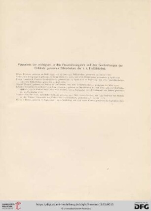 Verzeichnis der wichtigsten in den Provenienzangaben und den Beschreibungen der Einbände genannten Bibliothekare der k.k. Hofbibliothek