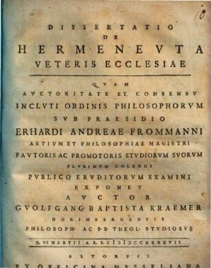 Dissertatio De Hermeneuta Veteris Ecclesiae
