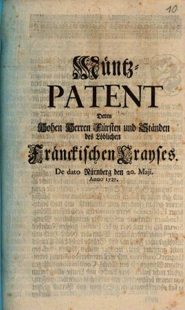 Münz-Patent deren ... Fürsten ... Fränkischen Crayses : d. dato Nürnberg ... 1727