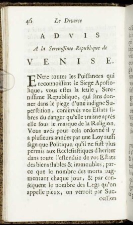 Advis A la Serenissimo Republique de Venise.