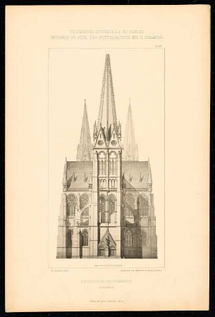 Katholische Pfarrkirche: Westseite (aus: C. Schäfer, Die Bauhütte, Entwürfe im Stile des Mittelalters, 1. Bd., 1883, Tafel 53)
