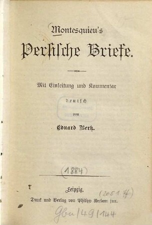 Persische Briefe : Mit Einl. u. Komm. deutsch v. Eduard Bertz